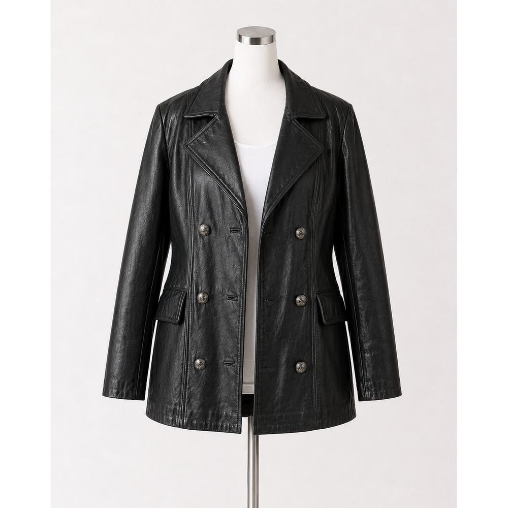 Vintage Leather Lambskin PeaCoat  Size large Mens Black Double Breasted Classic